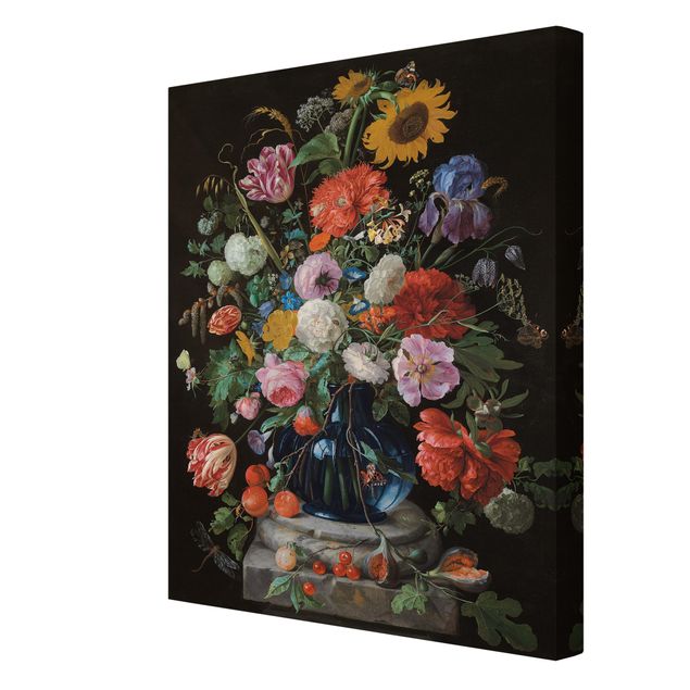Tableaux fleurs Jan Davidsz de Heem - Des tulipes, un tournesol, un iris et d'autres fleurs dans un vase en verre sur le socle en marbre d'une colonne