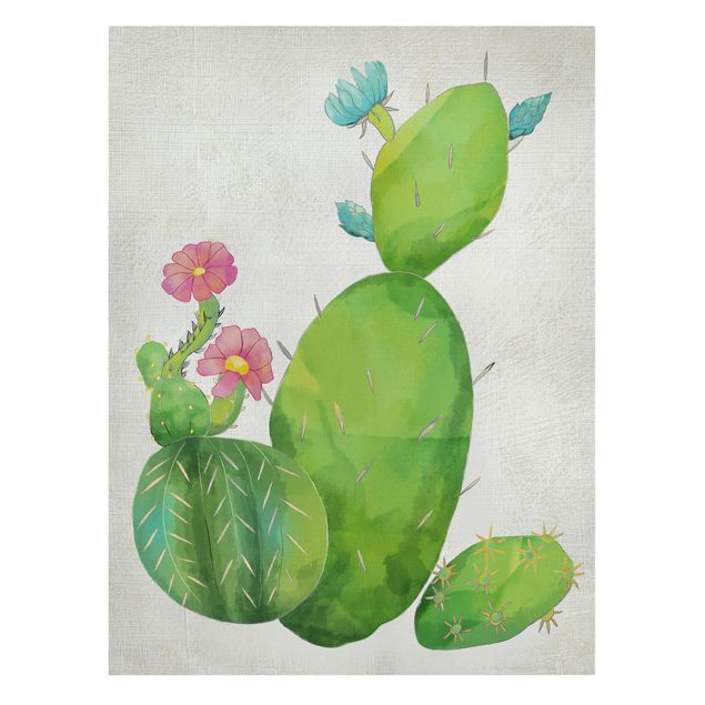 Tableau couleur vert Famille de cactus en rose et turquoise