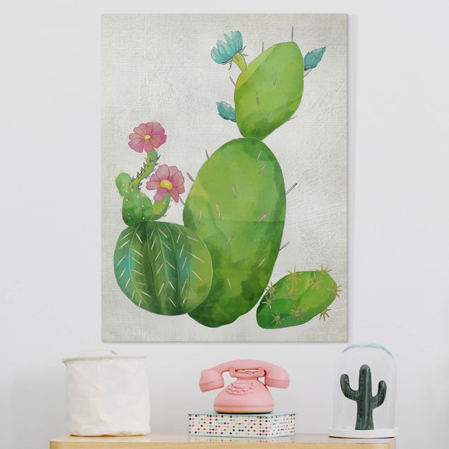 Déco mur cuisine Famille de cactus en rose et turquoise