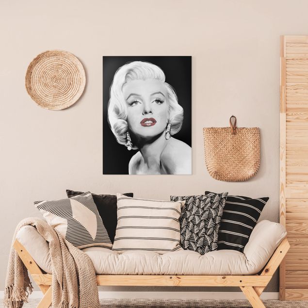 Tableaux sur toile en noir et blanc Marilyn avec des boucles d'oreilles
