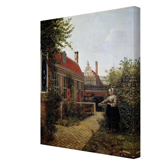Tableaux Pieter de Hooch - Femme avec un panier de haricots dans le potager