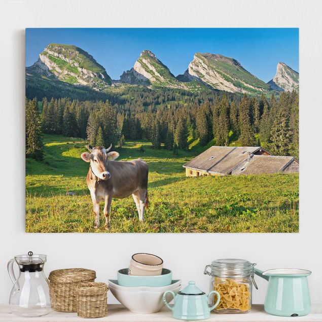 Déco mur cuisine Prairie alpine suisse avec vache