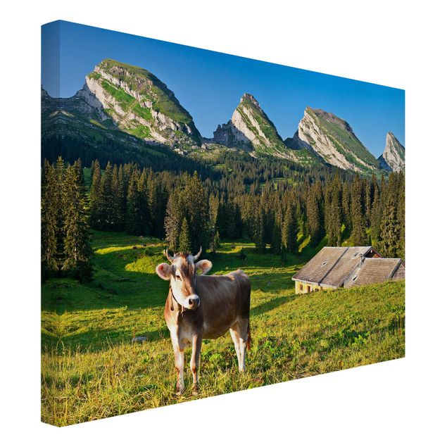 Tableau montagne Prairie alpine suisse avec vache