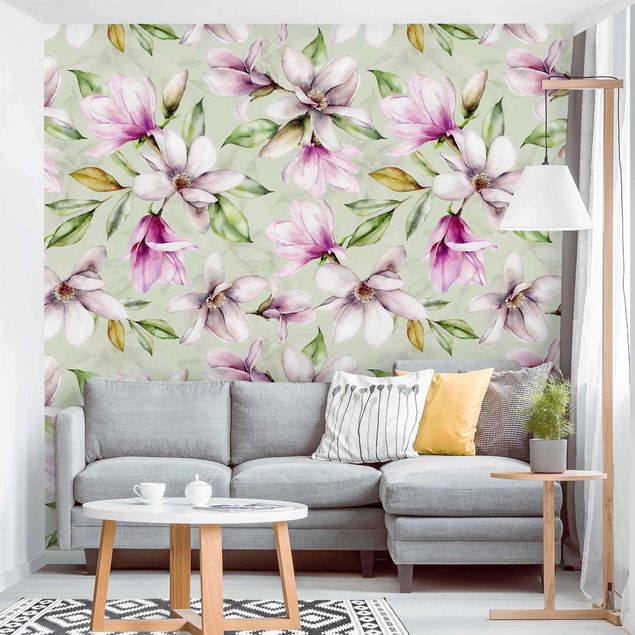 Tapisserie motif Illustration de magnolia sur vert menthe