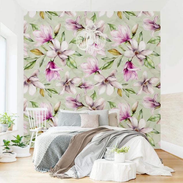 Déco mur cuisine Illustration de magnolia sur vert menthe