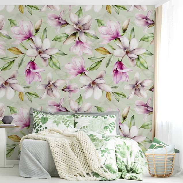 Tapisserie moderne Illustration de magnolia sur vert menthe