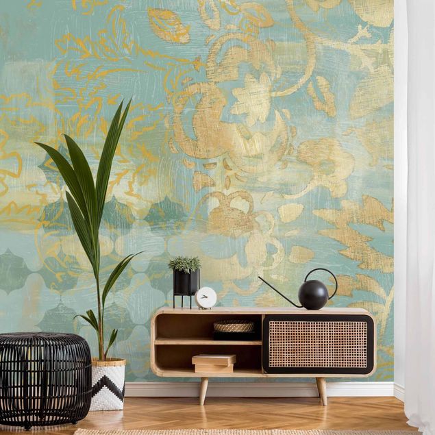 Papier peint ornement Collage marocain en or et turquoise II