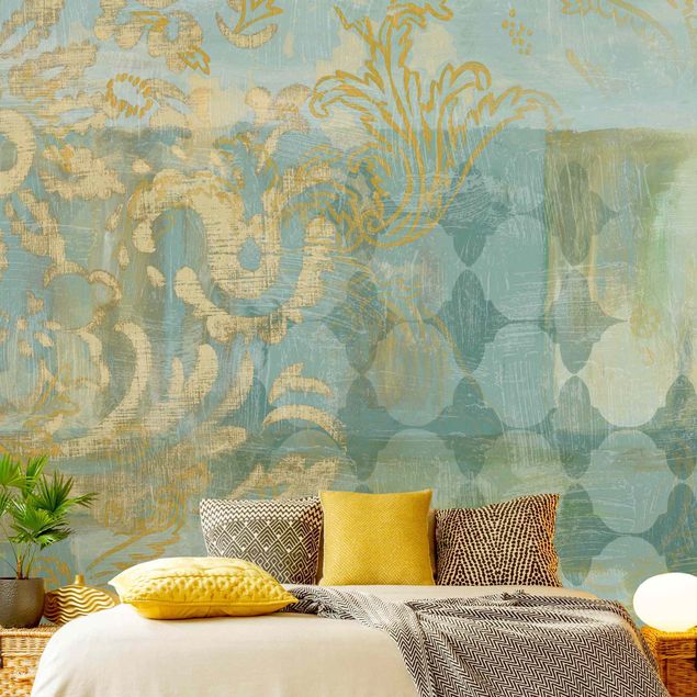 Papier peint ornement Collage marocain en or et turquoise