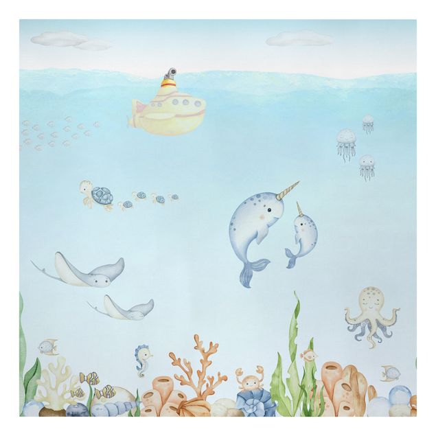 Tableau bord de mer Famille de narvals avec des amis