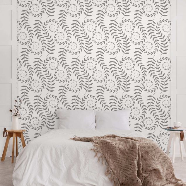 Papier peint gris Natural Pattern Swirling Plants In Grey