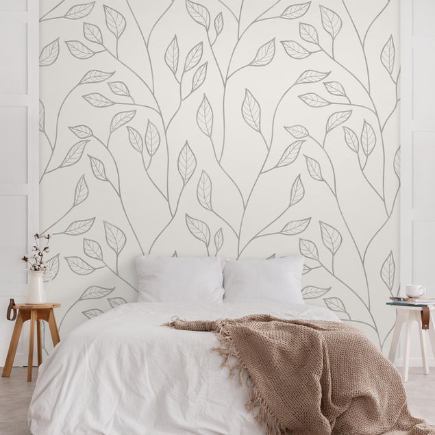 Papier peint fleurs Motif naturel de branches avec feuilles en gris