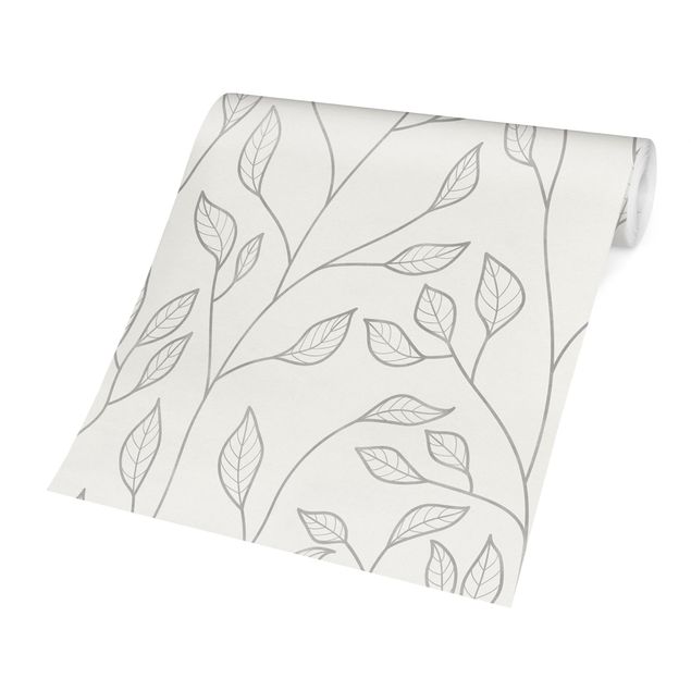 Papier peint gris Motif naturel de branches avec feuilles en gris