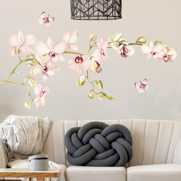 Stickers muraux orchidées Branche d'orchidée et papillon en rosé