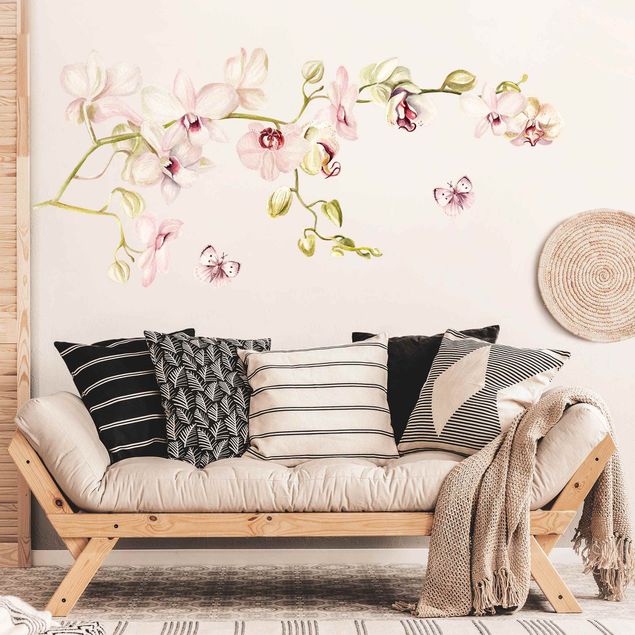 Stickers muraux fleurs Branche d'orchidée et papillon en rosé