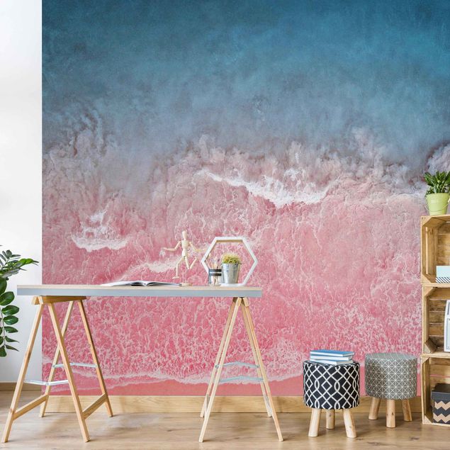 papier peint panoramique plage Océan en rose