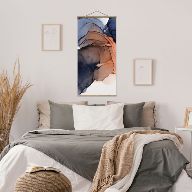 Tableau moderne Gouttes d'océan bleu et orange avec or