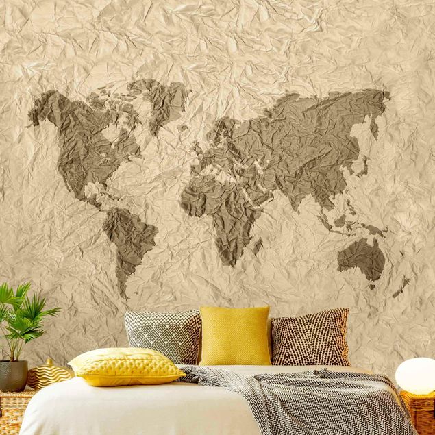 Papiers peints modernes Carte du Monde en Papier Beige Marron