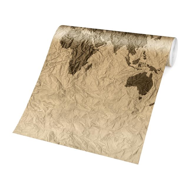 tapisserie panoramique Carte du Monde en Papier Beige Marron