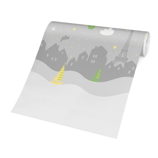 Tapisserie grise Parigi con stelle e mongolfiere in grigio