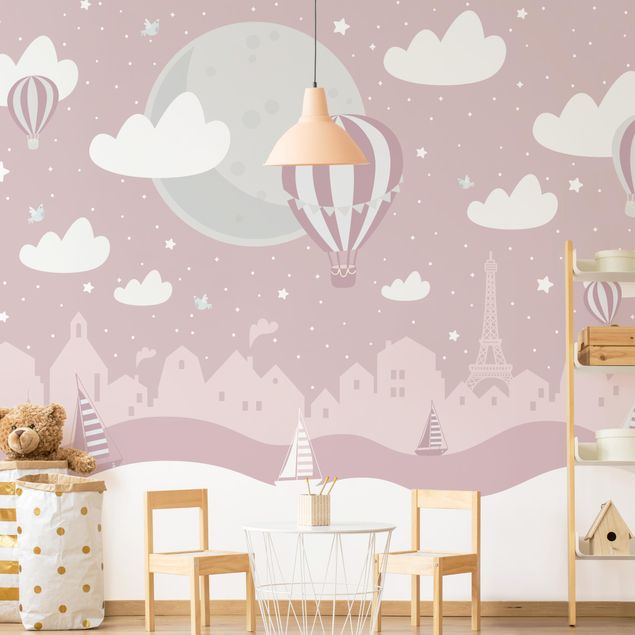 Papier peint de paris Parigi con stelle e mongolfiere in rosa
