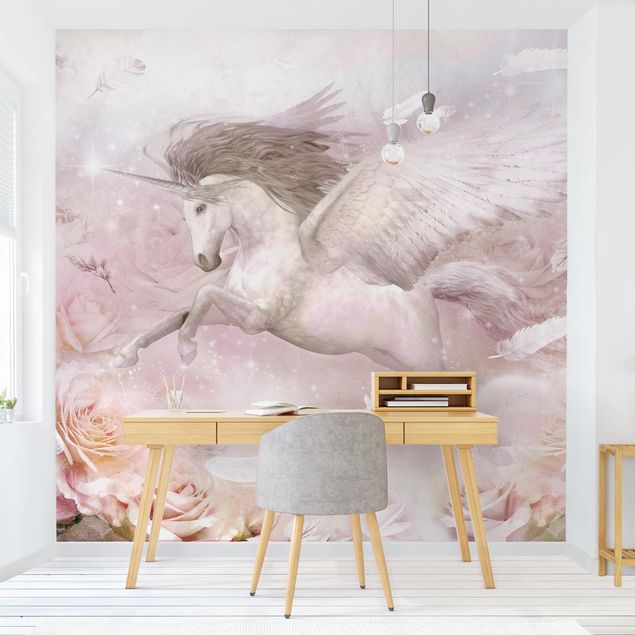 Papier peint moderne Pegasus Unicorn With Roses