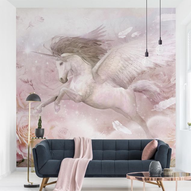 Papier peint animaux Pegasus Unicorn With Roses