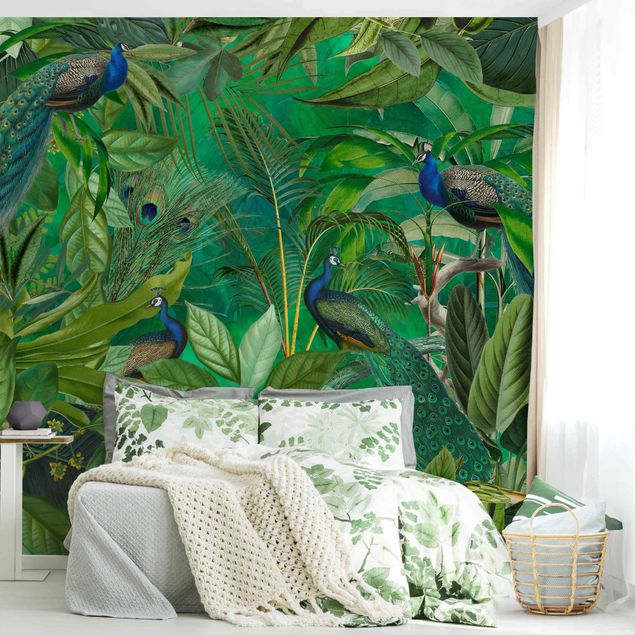 Papier peint oiseaux Paons dans la jungle