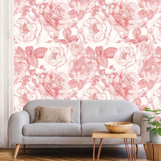 Papier peint fleurs roses Peony Pattern Pink