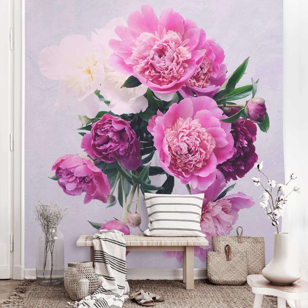 Papier peint fleurs roses Pivoines Shabby Rose Blanc