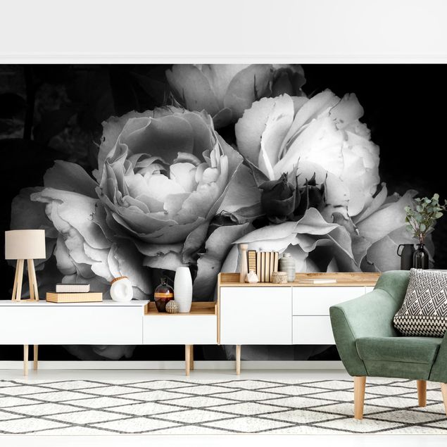Papiers peints modernes Peonies On Black Shabby Black And White