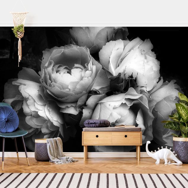 Papier peint floral Peonies On Black Shabby Black And White