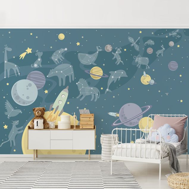 Papier peint animaux forêt Planètes avec zodiaque et missiles