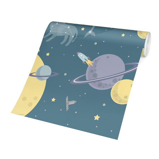 Papier peint chambre adulte zen Planètes avec zodiaque et missiles