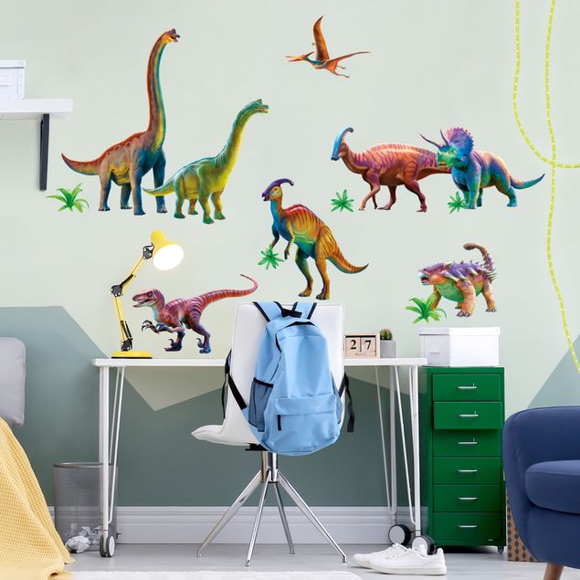 Sticker mural animaux Set dinosaure arc-en-ciel