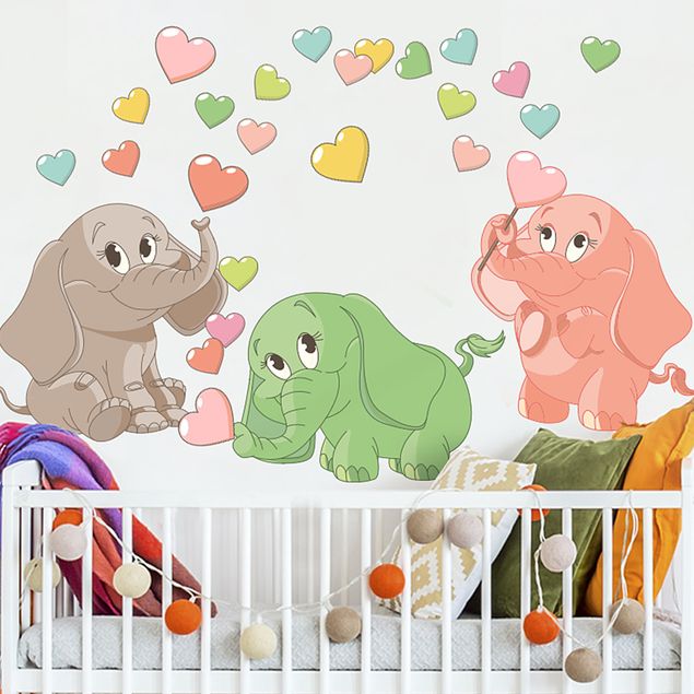 Déco chambre bébé Petits éléphants arc-en-ciel avec des cœurs colorés