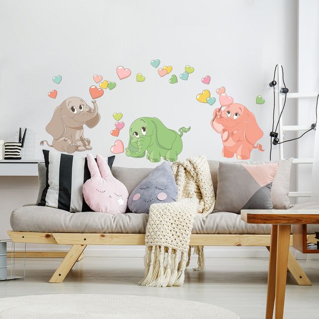 Stickers muraux coeur Petits éléphants arc-en-ciel avec des cœurs colorés