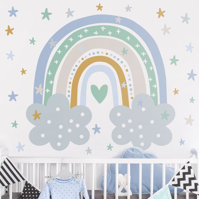 Déco chambre enfant Arc-en-ciel avec nuages bleu turquoise