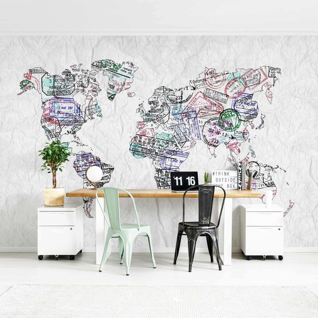 Papier peint mappemonde Silhouette urbaine de Passeport Carte du Monde