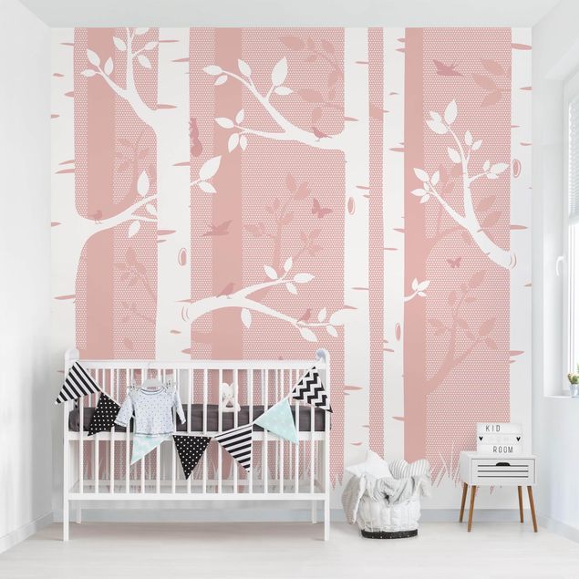 Papier peint panoramique forêt Forêt de bouleaux rose avec papillons et oiseaux