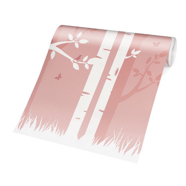 Papier peint animaux forêt Forêt de bouleaux rose avec papillons et oiseaux