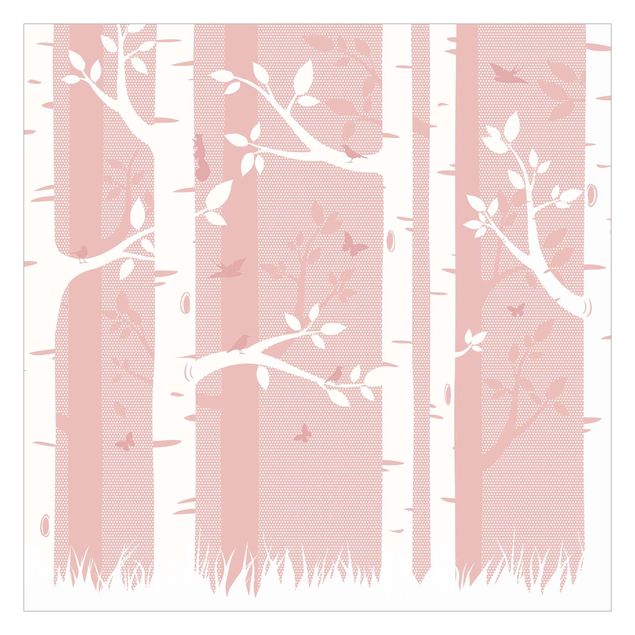 Papier peint beige Forêt de bouleaux rose avec papillons et oiseaux