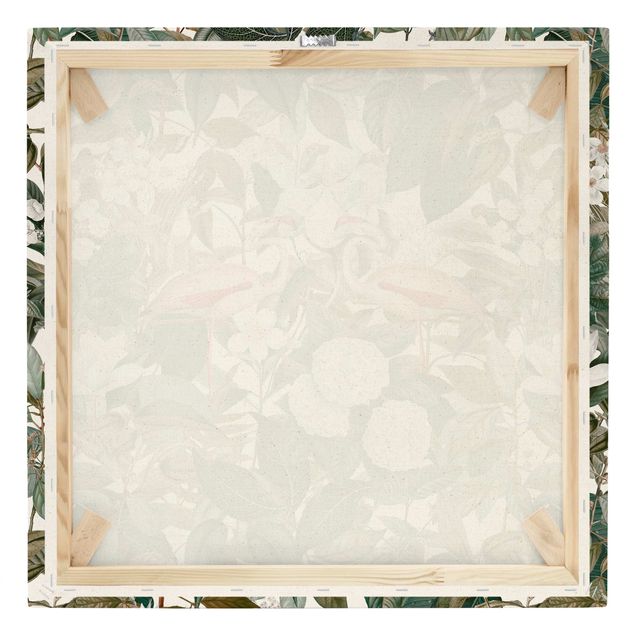 Tableaux toile Flamants roses avec feuilles et fleurs blanches