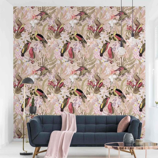 Papier peint moderne Oiseaux roses pastel avec fleurs