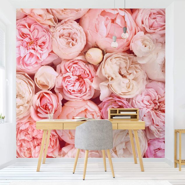 Papier peint floral Roses Coral Shabby en rose