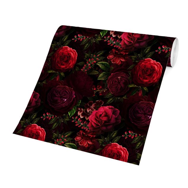 Papier peint vintage Roses Rouges Devant Noir