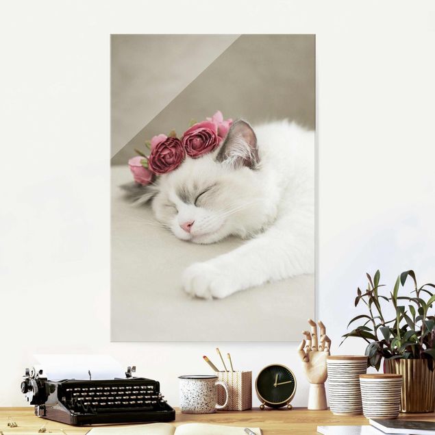 Tableaux en verre roses Chat endormi avec des roses