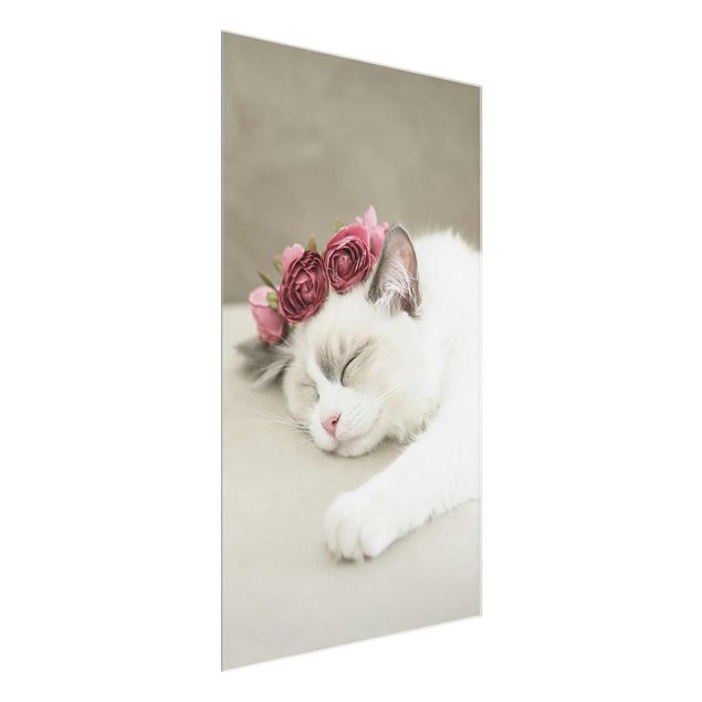 Tableaux en verre fleurs Chat endormi avec des roses