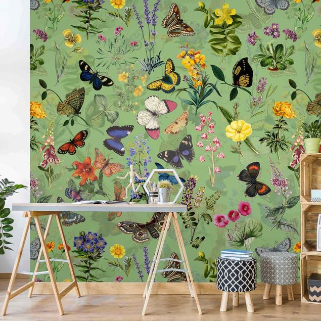 Déco murale cuisine Papillons avec fleurs sur vert