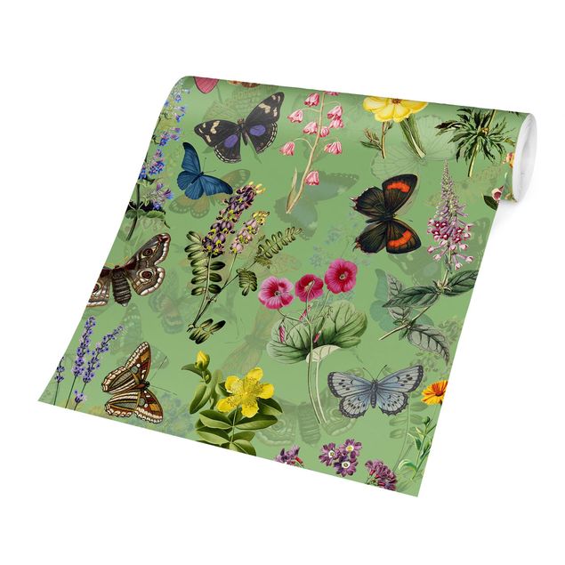 Papier peint animaux forêt Papillons avec fleurs sur vert