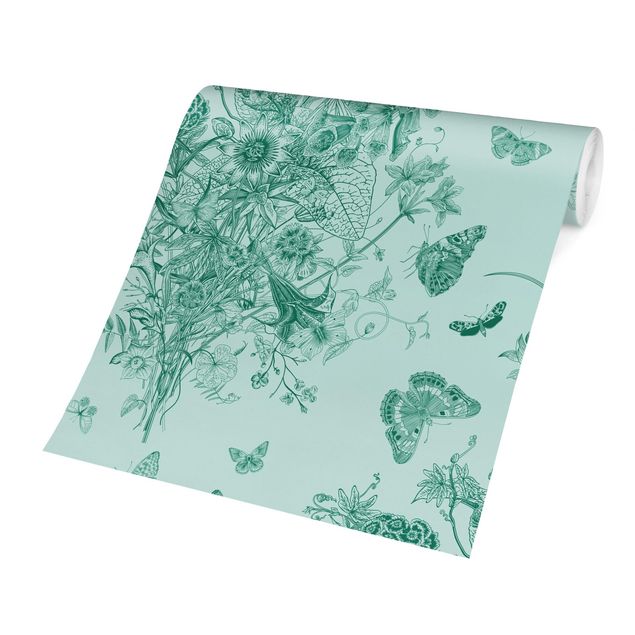 Papier peint animaux Papillons autour d'une île fleurie en vert II